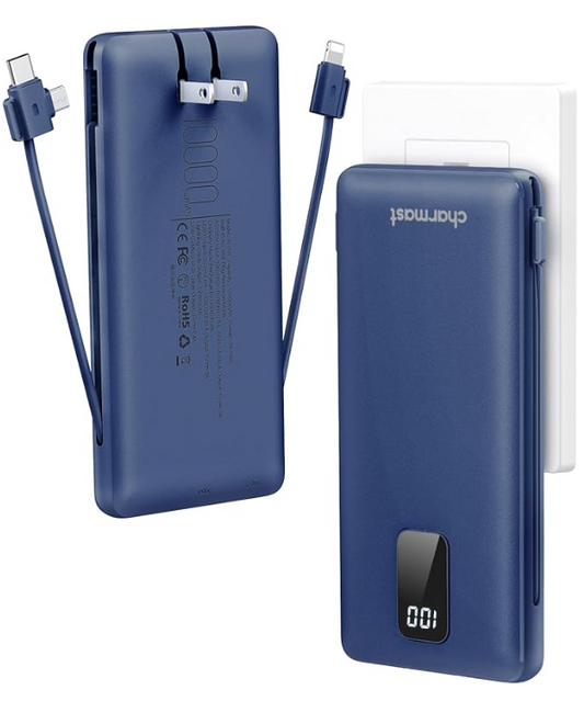 Charmast 10000mAh Portable Charger with Built-in Cables and AC Wall Plug,USB C Battery Pack Power Bank,5 Output 2 Input Battery Pack Compatible with iPhone 16/15/14/13/12,Andriod Series